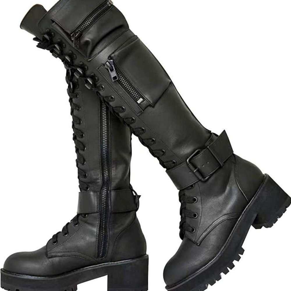 Black knee high military platform boots